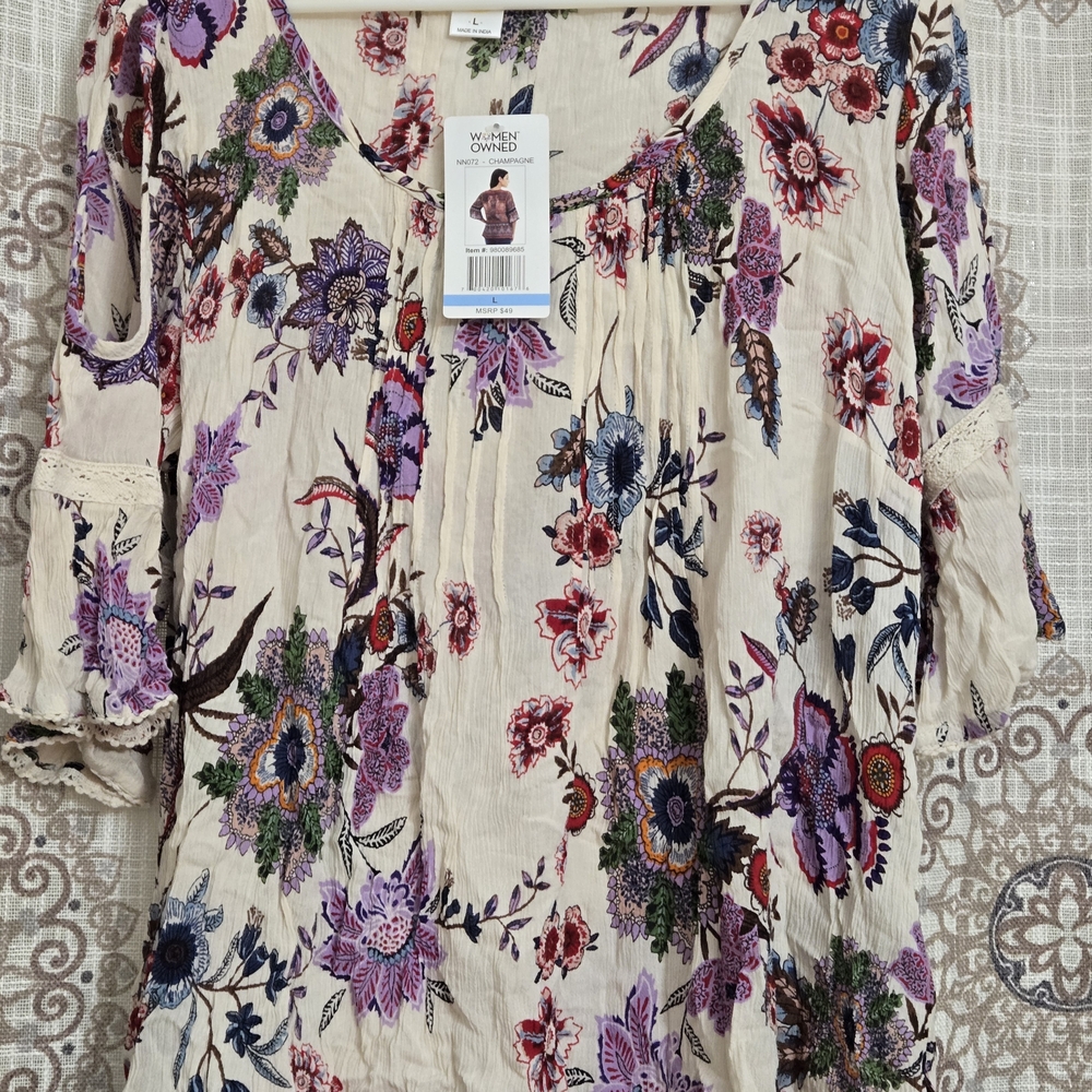 Bila Cream and Purple Ruffled Bell Sleeve Blouse